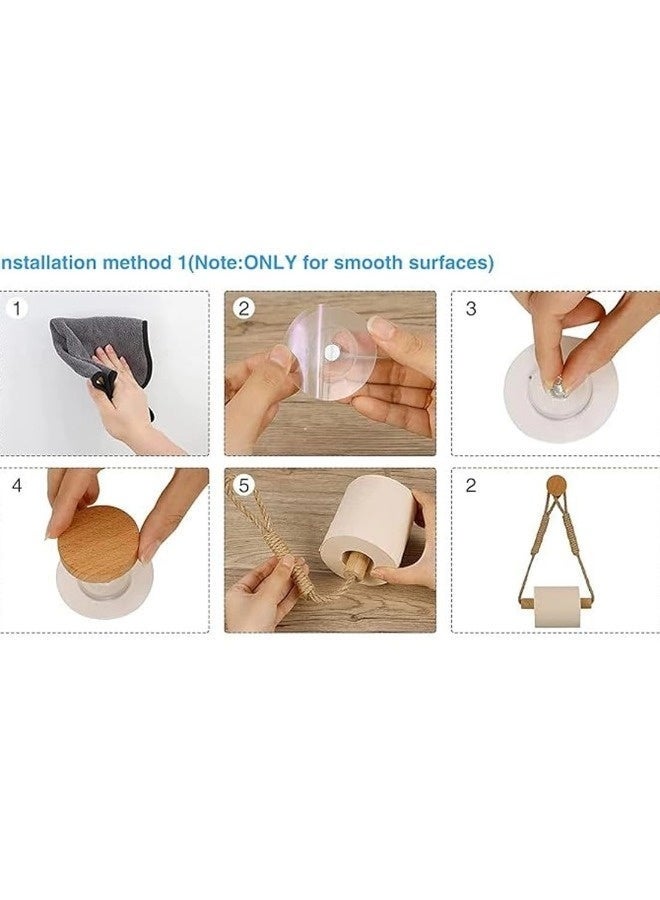 Wood & Rope Wall Toilet Paper Holder, Rustic Tissue Rolls Paper Holder Wall Mounted, Nautical Rattan Bathroom Accessories with Self-Adhesive Seamless Screw - Image 5