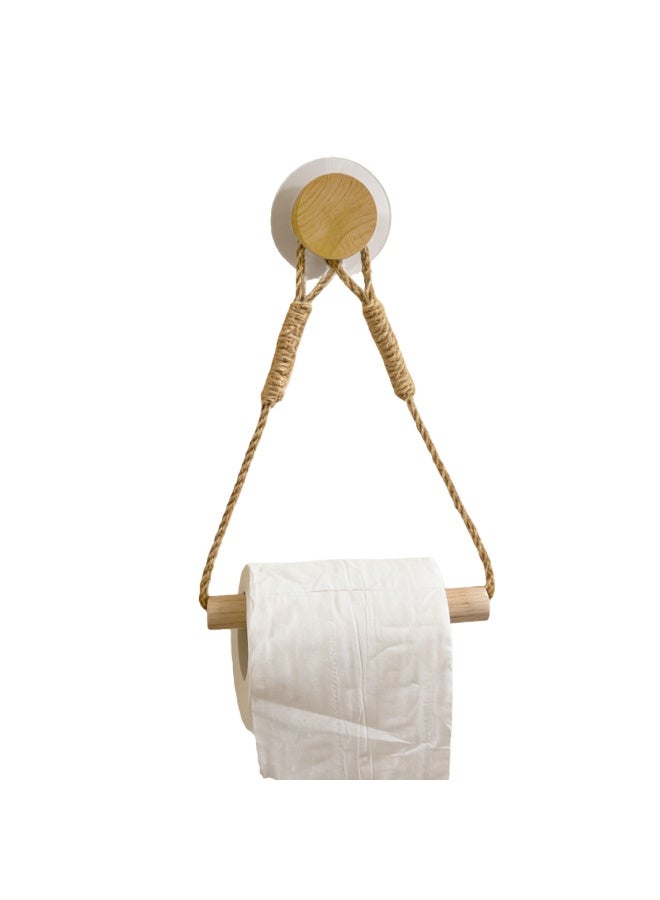 Wood & Rope Wall Toilet Paper Holder, Rustic Tissue Rolls Paper Holder Wall Mounted, Nautical Rattan Bathroom Accessories with Self-Adhesive Seamless Screw - Image 1