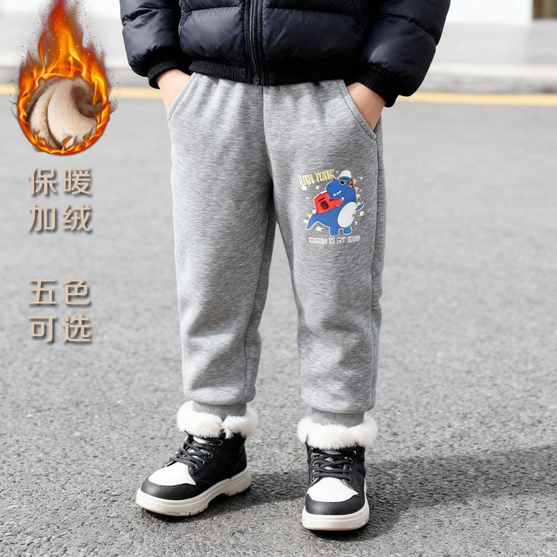 Fleece-Lined Winter Children'S Sweatpants, Thickened Dinosaur New Style Boys' Casual Pants, Winter Children'S Clothing Silver Fox Fleece Sweatpants - Image 2