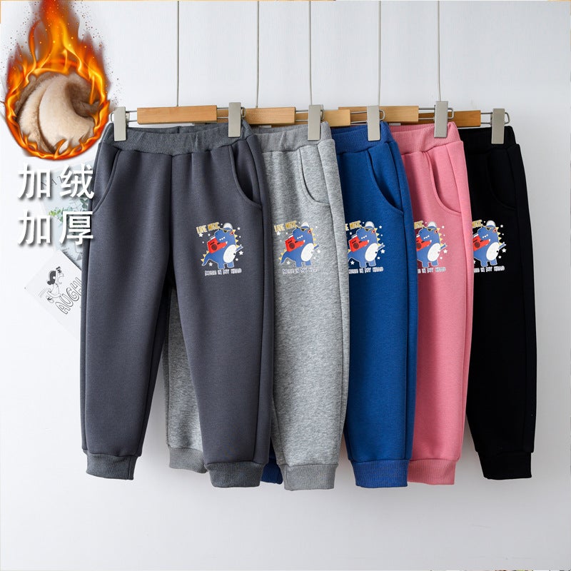 Fleece-Lined Winter Children'S Sweatpants, Thickened Dinosaur New Style Boys' Casual Pants, Winter Children'S Clothing Silver Fox Fleece Sweatpants - Image 3