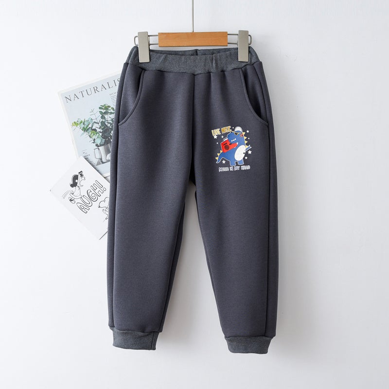 Fleece-Lined Winter Children'S Sweatpants, Thickened Dinosaur New Style Boys' Casual Pants, Winter Children'S Clothing Silver Fox Fleece Sweatpants - Image 4