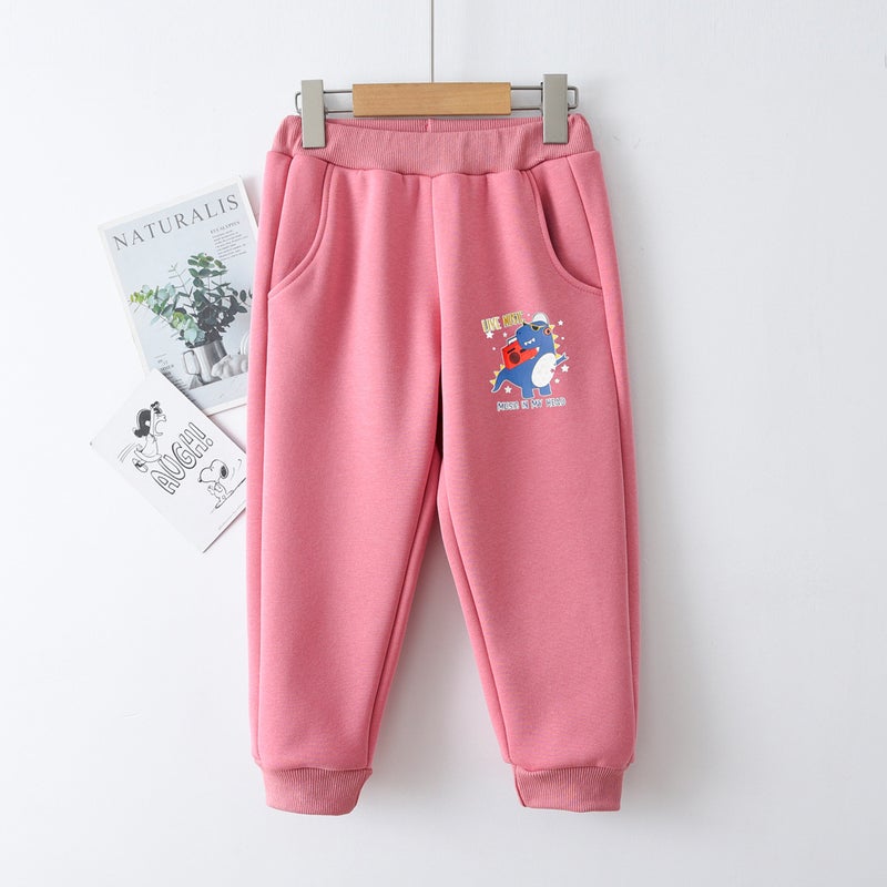 Fleece-Lined Winter Children'S Sweatpants, Thickened Dinosaur New Style Boys' Casual Pants, Winter Children'S Clothing Silver Fox Fleece Sweatpants - Image 1