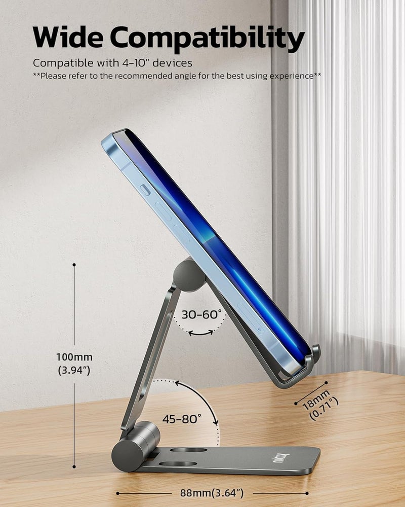 nulaxy Dual Folding Cell Phone Stand, Fully Adjustable Foldable Desktop Phone Holder Cradle Dock Compatible with iPhone 17 16 15 14 13 12 11 Pro Max Xs Xr X 8, Nintendo Switch, All Phones - Gray - Image 3