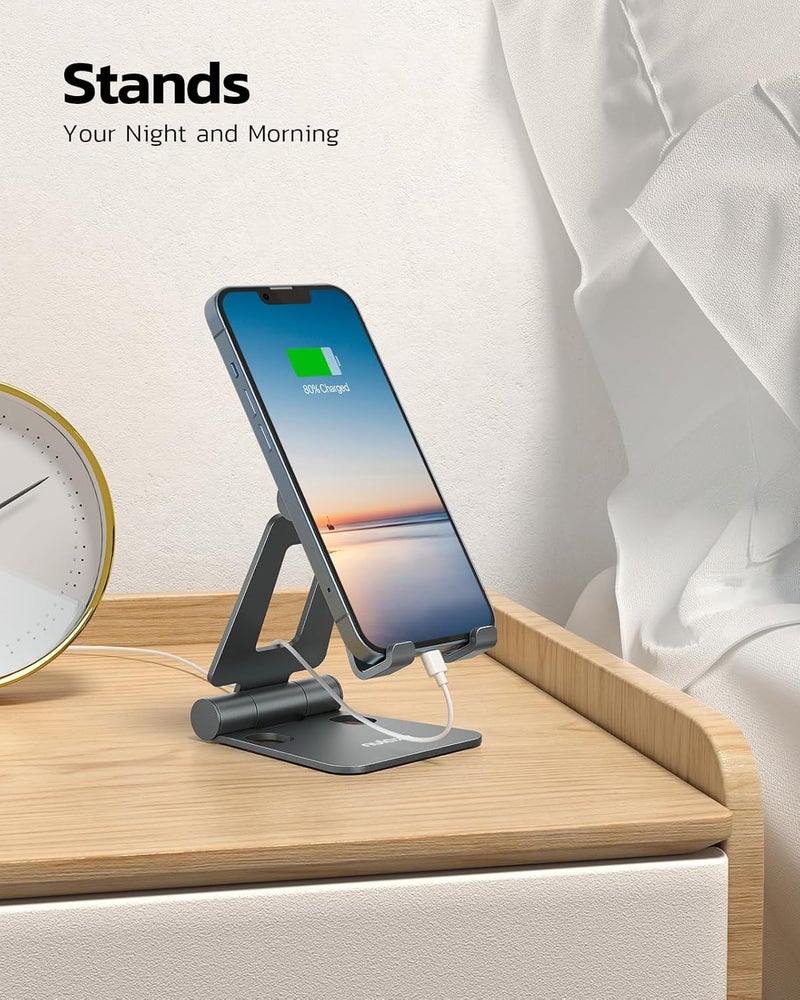 nulaxy Dual Folding Cell Phone Stand, Fully Adjustable Foldable Desktop Phone Holder Cradle Dock Compatible with iPhone 17 16 15 14 13 12 11 Pro Max Xs Xr X 8, Nintendo Switch, All Phones - Gray - Image 2