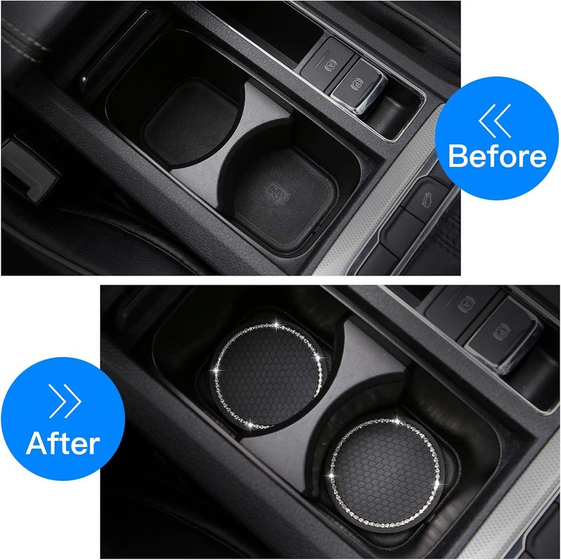 ACODABLEM 2 Pack Bling Car Cup Holder Insert Coasters, 2.75 Inch Soft Crystal Rhinestone Rubber Pad Set Round Auto Drink Coaster Car Interior Accessories (Black) - Image 2