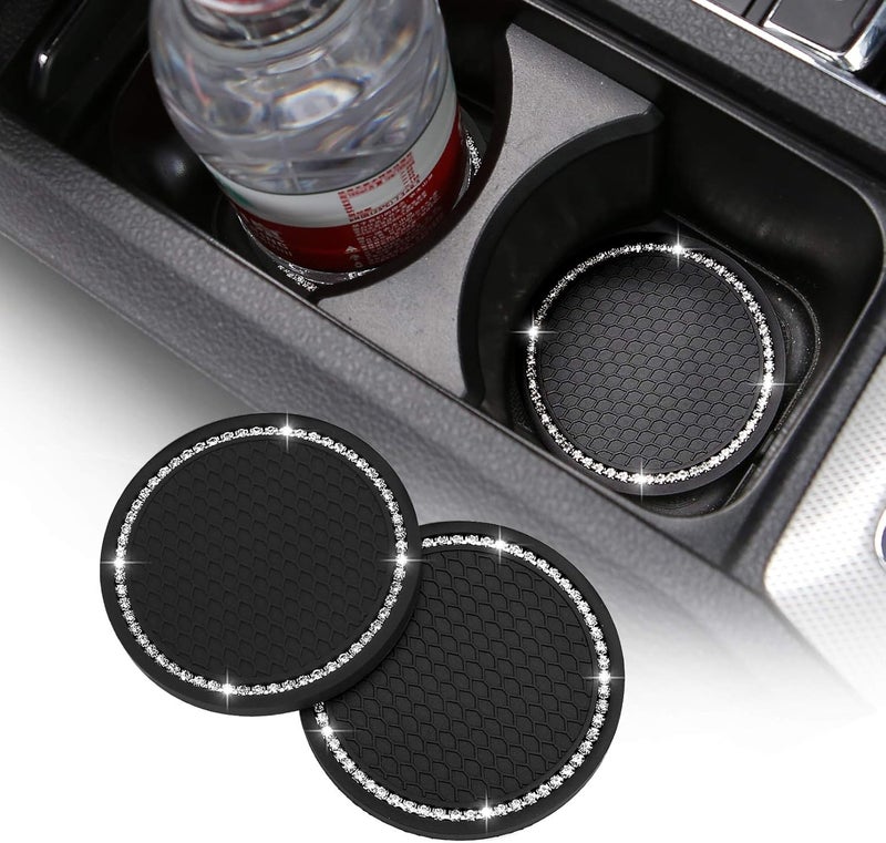 ACODABLEM 2 Pack Bling Car Cup Holder Insert Coasters, 2.75 Inch Soft Crystal Rhinestone Rubber Pad Set Round Auto Drink Coaster Car Interior Accessories (Black) - Image 1