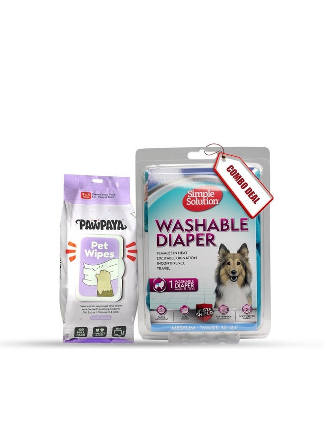 Simple Solution Female Washable Dog Diapers, Super Absorbent, Leak Proof, Soft & Comfortable (M) And Pawpaya 5 In 1 Multipurpose 100 Pull Pack Plant-Based Pet Cleaning Wipes  - Image 1
