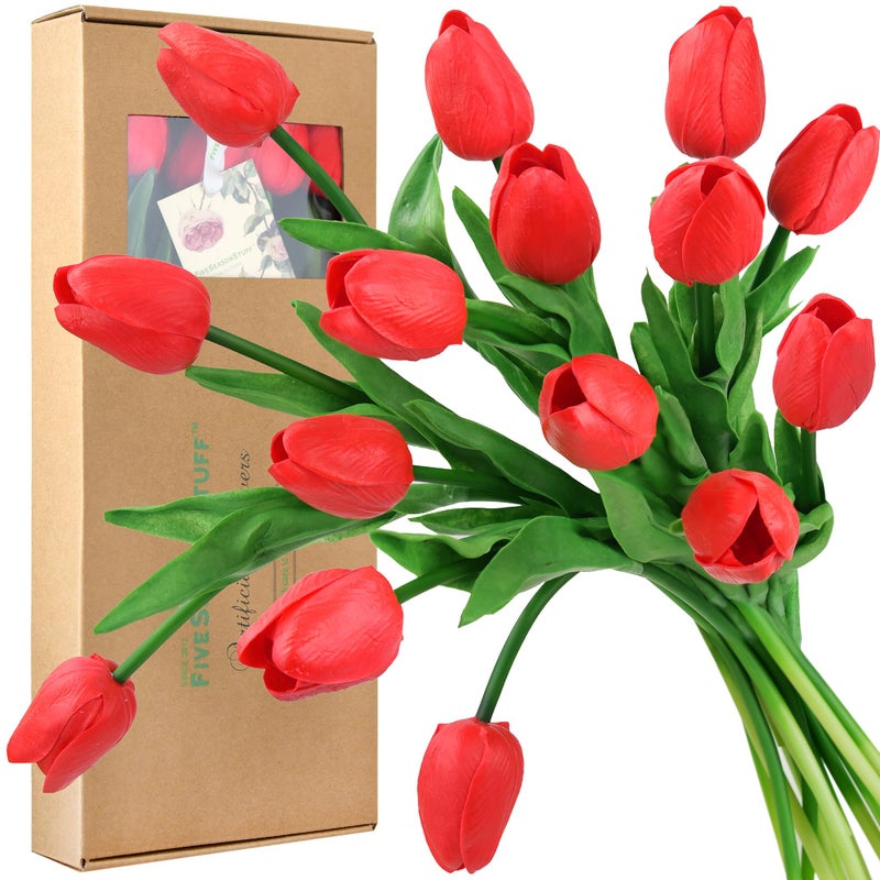 Real Touch Tulips Artificial Flowers  15 Stems Faux Tulip Bouquet in Gift Box for Wedding Home Decor Party Floral Arrangements Scarlett Red