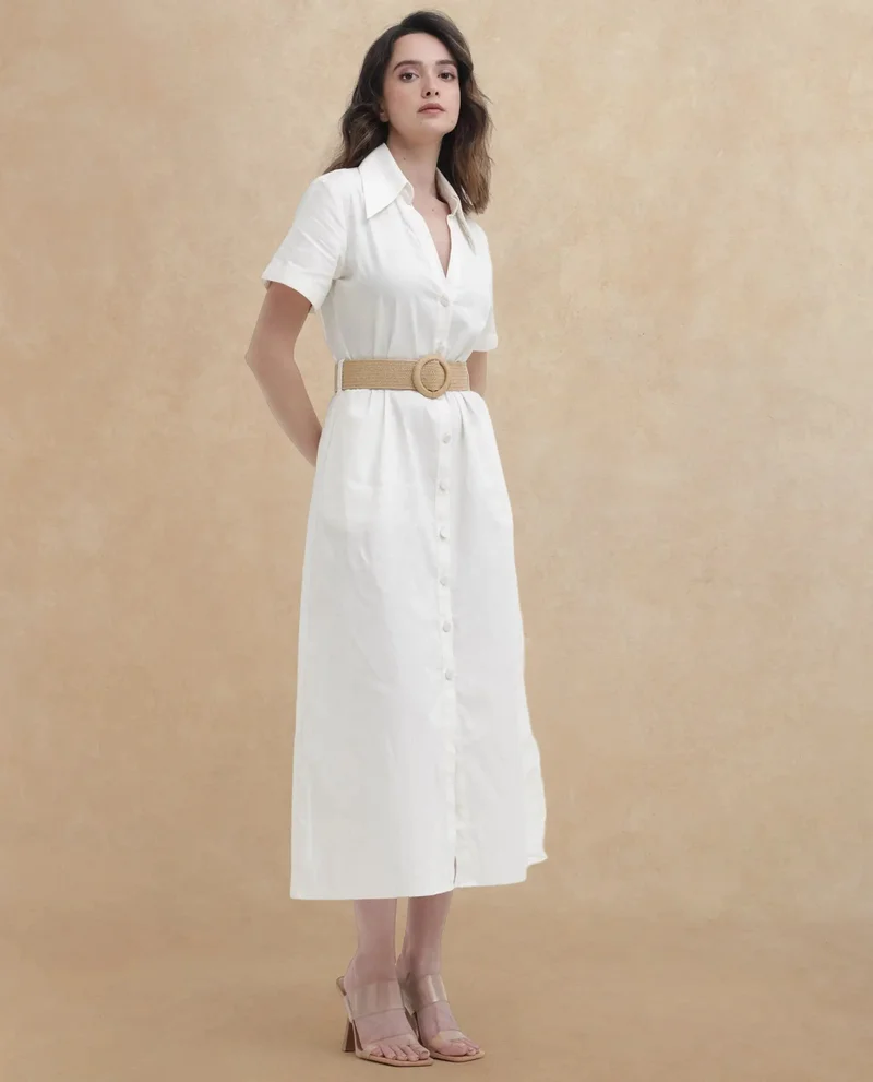 Rareism Rareism Women Ania White Cotton Fabric Short Sleeve Collared Neck Solid Regular Length Dress