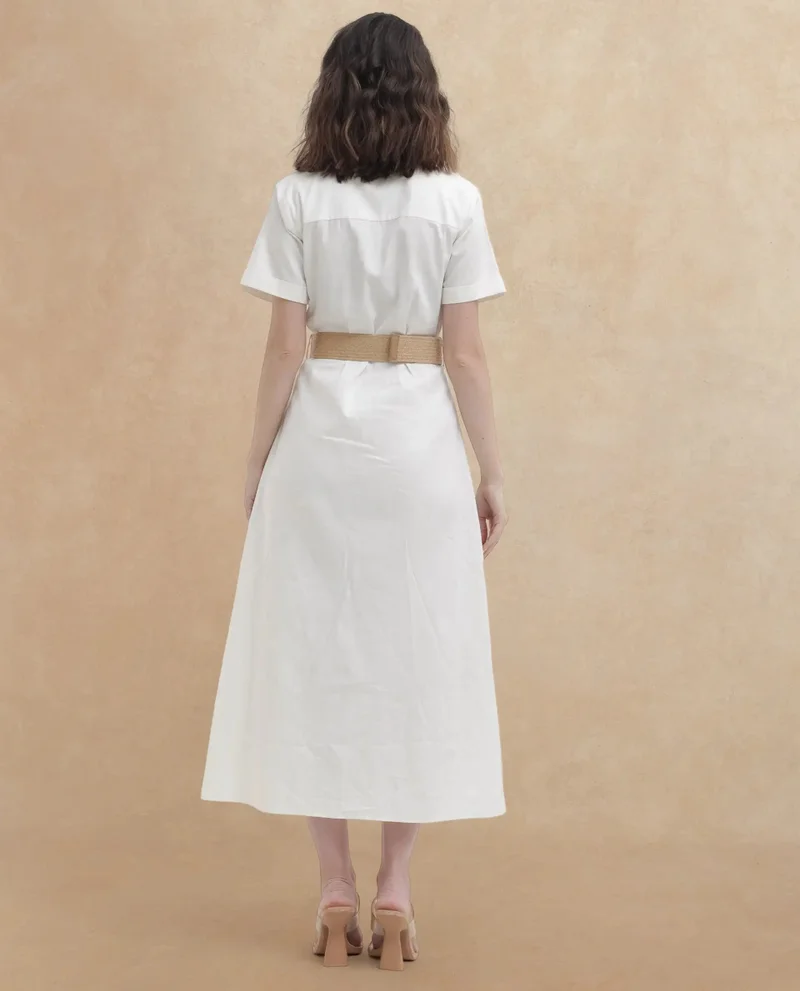 Rareism Rareism Women Ania White Cotton Fabric Short Sleeve Collared Neck Solid Regular Length Dress
