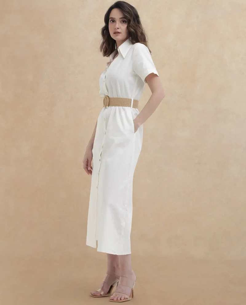 Rareism Rareism Women Ania White Cotton Fabric Short Sleeve Collared Neck Solid Regular Length Dress