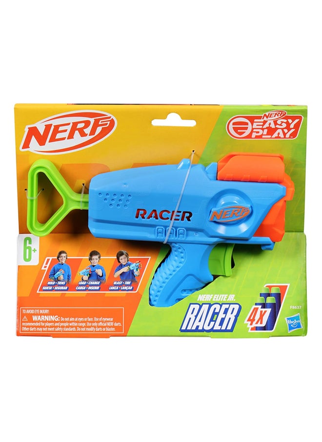 NERF Elite Junior Racer Easy Play Dart Blaster, 4 Nerf Elite Darts, Nerf Blaster Outdoor Toys for 6 Year Old Boys & Girls & Up 