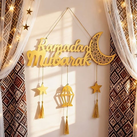 2D Flat Set Of Ramadan Decorations Featuring Golden Crescent And Star Lantern With Tassels Happy Ramadan For Wall Hanging Eid Decor Islamic Holiday Home Ramadan Party Eid Celebration