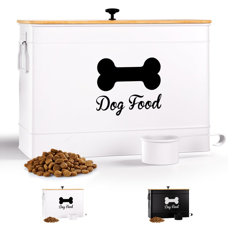 HB Design Co. Dog Food Container 15-20 lb - Airtight Dog Food Storage Container 20 lb with Bamboo Lid - Metal Dog Food Storage Container Cute - Dog Food Bin White - Dog Food Holder - Metal Pet Food Container 20 lb - Image 1