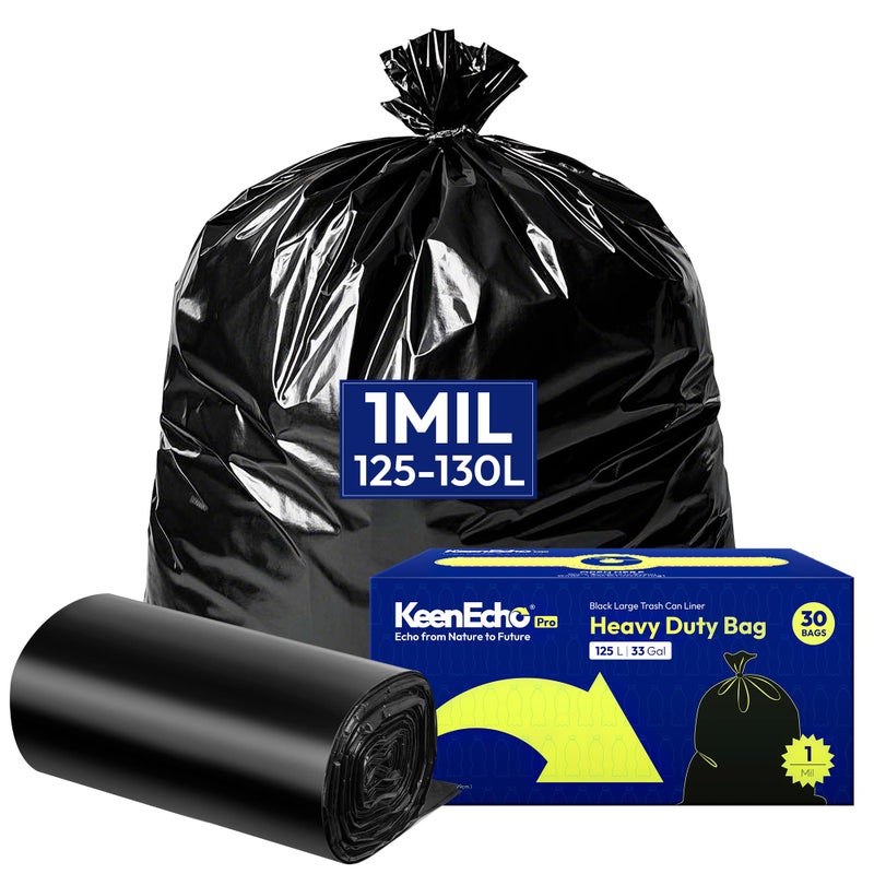 KeenEcho Heavy Duty Contractor Trash Bags 33 Gallon 30 Count, 1.0 Mil, Strong Black Garbage Bags, Leakproof Star Seal for Construction, Yard, Demolition Debris - Image 1