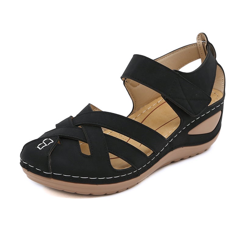 2024 New Womens Peep-Toe Sandals Anti-Slip Plus-Size Wedge Magic Tape Black