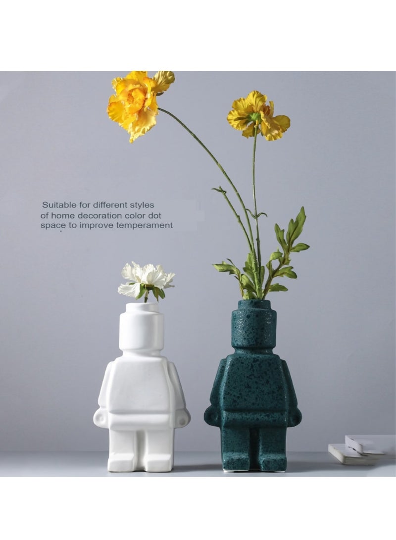 AROAQ Ceramic Statue, Creativity Robot Tv Cabinet Desktop Flower Vase, Durable Nordic Style Flower Pot, Modern Home Decoration Elegant Design Robot Vase, (1pc, Small, Green)  - Image 2
