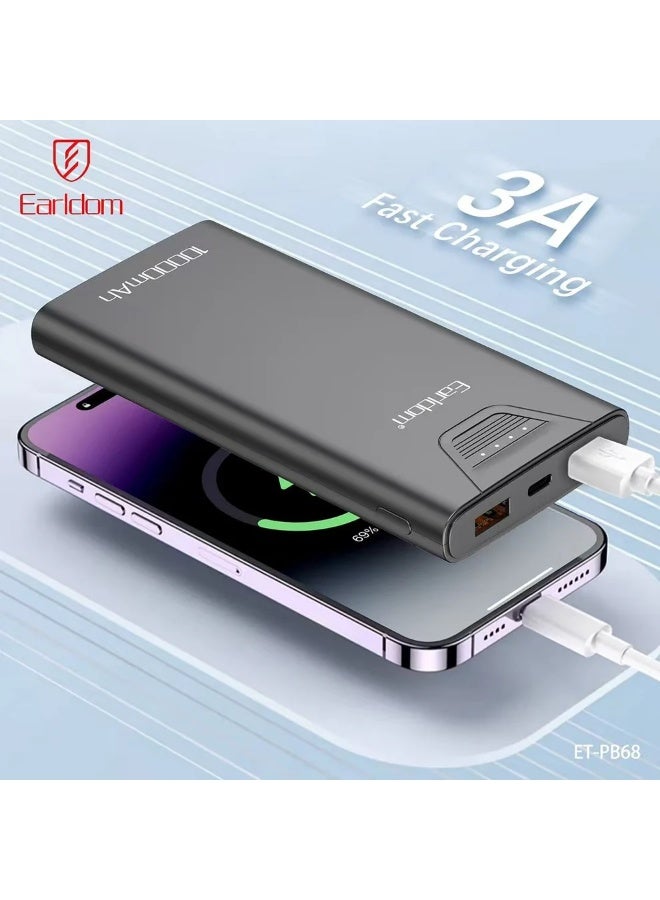Earldom Power Bank ET-PB68 10000mAh , Fast Charging Power Bank, 3A Output, 3-Port Design (2×USB + Type-C), Smart LED Power Display, Lightweight & Airline-Safe Portable Battery – Black - Image 3