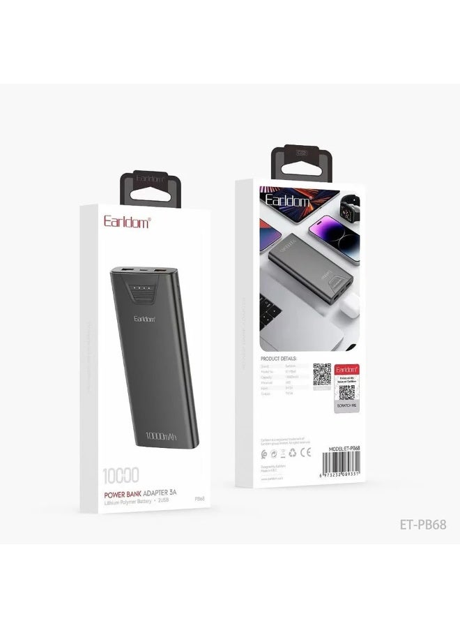 Earldom Power Bank ET-PB68 10000mAh , Fast Charging Power Bank, 3A Output, 3-Port Design (2×USB + Type-C), Smart LED Power Display, Lightweight & Airline-Safe Portable Battery – Black - Image 2