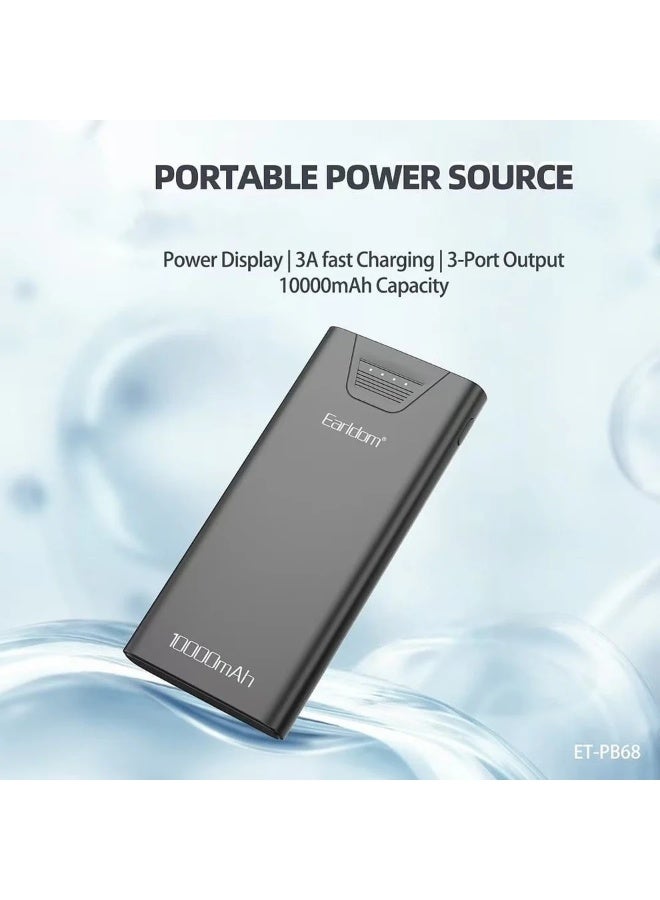 Earldom Power Bank ET-PB68 10000mAh , Fast Charging Power Bank, 3A Output, 3-Port Design (2×USB + Type-C), Smart LED Power Display, Lightweight & Airline-Safe Portable Battery – Black - Image 5