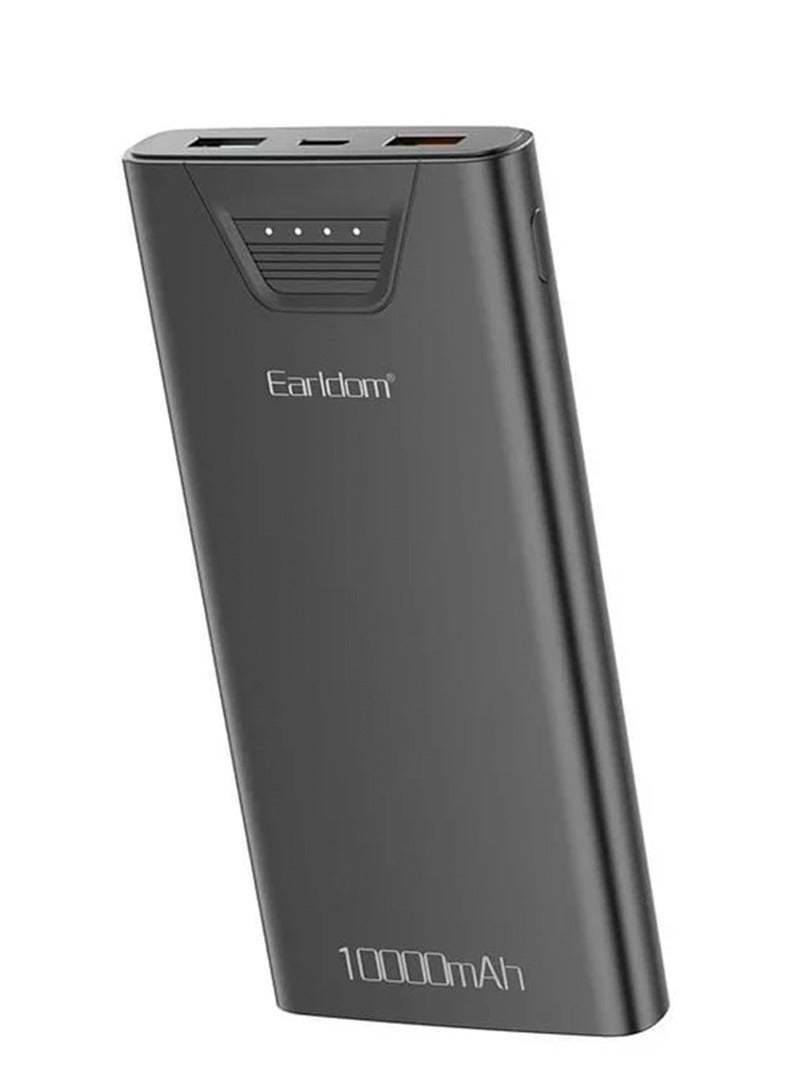 Earldom Power Bank ET-PB68 10000mAh , Fast Charging Power Bank, 3A Output, 3-Port Design (2×USB + Type-C), Smart LED Power Display, Lightweight & Airline-Safe Portable Battery – Black - Image 1