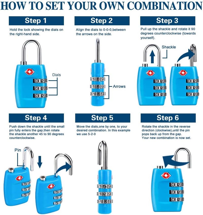 Cluckyu أقفال الأمتعة المعتمدة من TSA (مجموعة من 4) - أقفال رقمية مكونة من 3 أرقام - قفل سفر معتمد للحقائب والأمتعة (أزرق) - Image 2