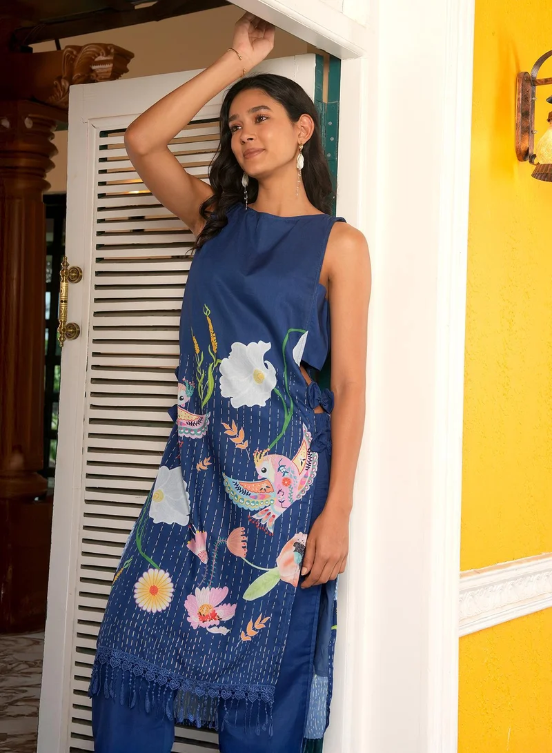 QISSA Women's Indigo Blue Edena Mural Kurta Set