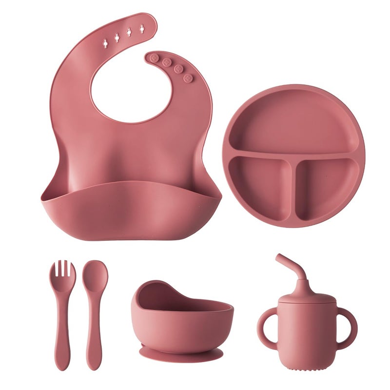 6-Piece Baby Feeding Set, Silicone Baby Mealtime Kit for ​Food-Grade Strong Suction Baby Plate​+Baby Cup+ Bib+Fork+Spoon+Bowl, Toddler Eating Essentials Washable ​Parenting Gift Idea (Burgundy)