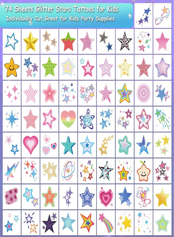 CHARLENT Glitter Stars Temporary Tattoos for Kids - 74 Individually Sheets - Image 2
