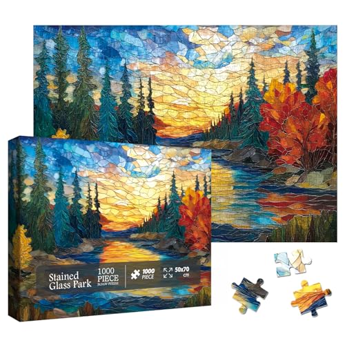 Larkipuzz Stained Glass National Parks Puzzles for Adults 1000 Pieces Colorful Fall Landscape Plant Tree Jigsaw Puzzles Aesthetic Pretty Lake Nature Sunset Scenic Puzzle - Image 5