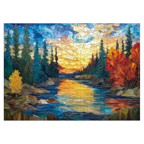 Larkipuzz Stained Glass National Parks Puzzles for Adults 1000 Pieces Colorful Fall Landscape Plant Tree Jigsaw Puzzles Aesthetic Pretty Lake Nature Sunset Scenic Puzzle - Image 1