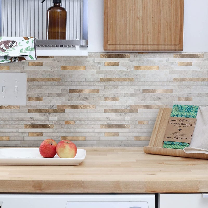 KASARO Peel and Stick Marble Tiles, Self-Adhesive Aluminum Wall Tile Stick on Bathroom, Fireplace, RV, Marble Beige with Vintage Golden Embellished Stripes, 10-Sheet - Image 5