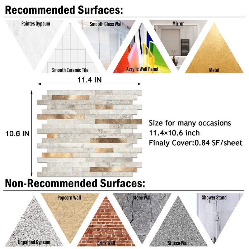 KASARO Peel and Stick Marble Tiles, Self-Adhesive Aluminum Wall Tile Stick on Bathroom, Fireplace, RV, Marble Beige with Vintage Golden Embellished Stripes, 10-Sheet - Image 3