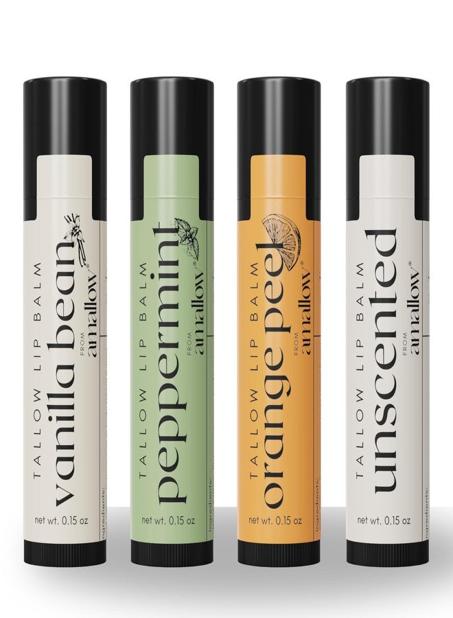 Amallow Tallow Lip Balm Variety Pack (4 Pack – Vanilla Bean, Peppermint, Orange Peel, & Unscented – Natural Lip Balm with Grass-Fed Tallow, Shea Butter & Beeswax – 0.15 oz Each - Image 1