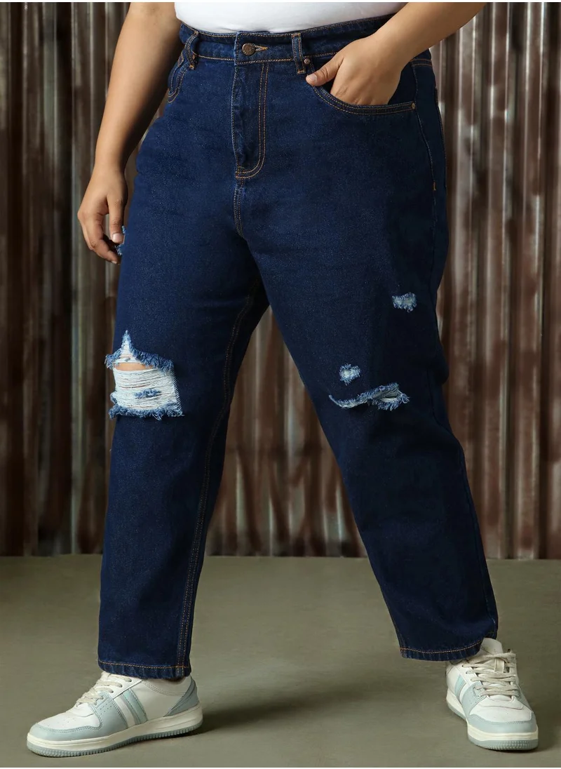 HIGH STAR Women's Indigo 100% Cotton Distressed Full Length Mom Fit Jeans