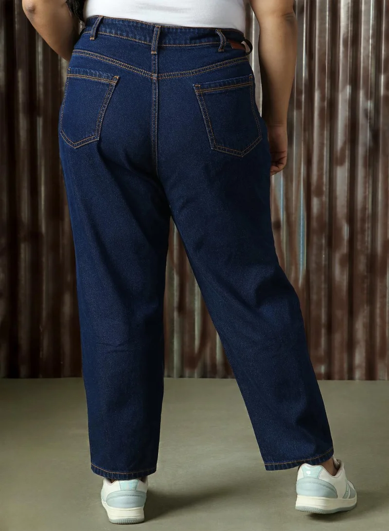 هاي ستار Women's Indigo 100% Cotton Distressed Full Length Mom Fit Jeans