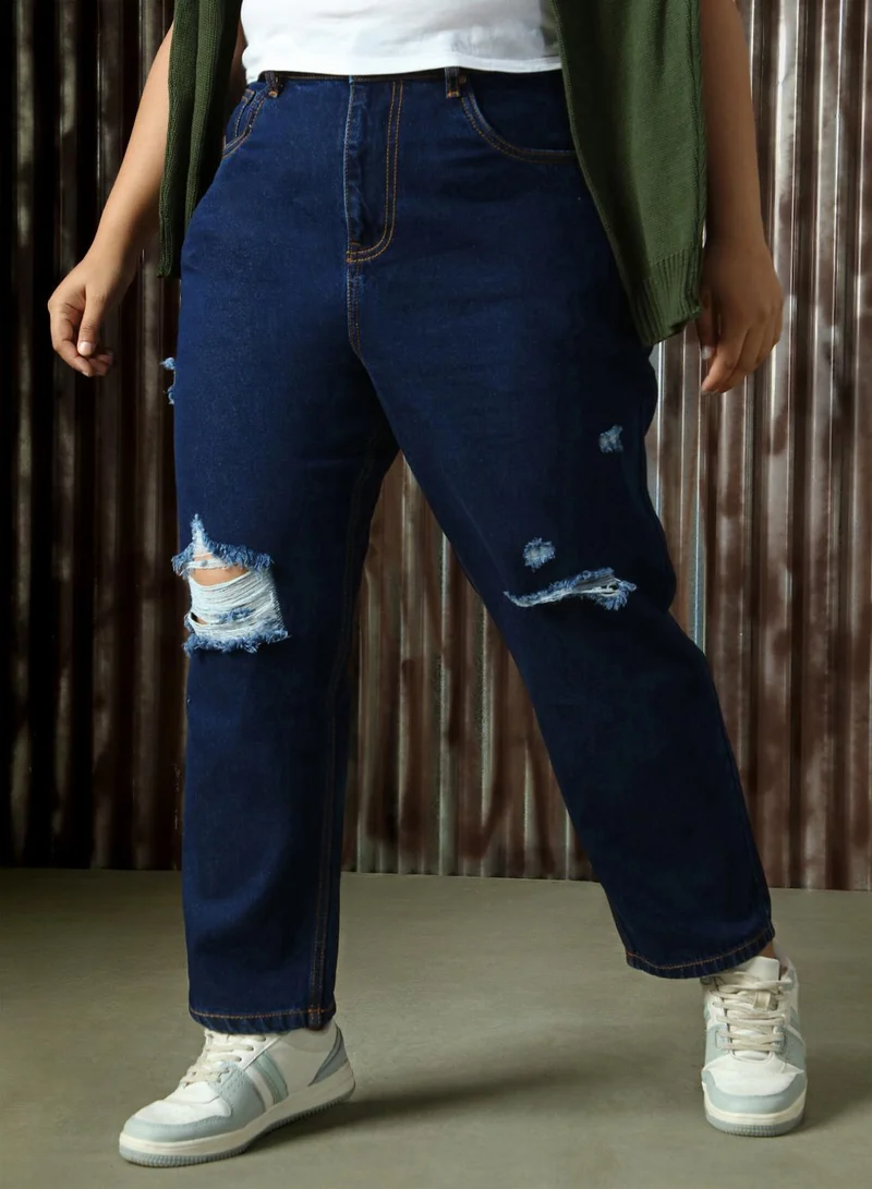 هاي ستار Women's Indigo 100% Cotton Distressed Full Length Mom Fit Jeans