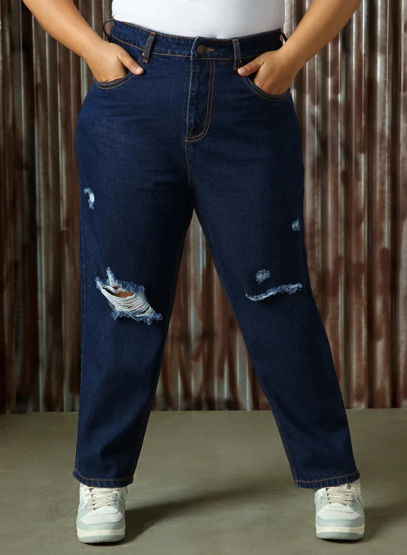 هاي ستار Women's Indigo 100% Cotton Distressed Full Length Mom Fit Jeans