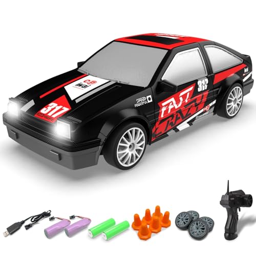 RACENT 124 Mini RC Drift Car 10MPH 4WD Remote Control Car with LED Light Racing and Drifting Wheels 2 Rechargeable Batteries Perfect Toy for Boys Girls Kids Black - Image 1