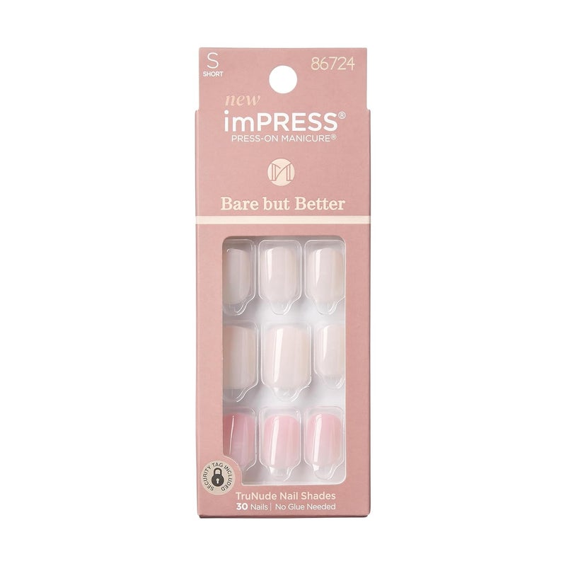 KISS imPRESS No Glue Mani Press On Nails, Bare But Better, 'Effortless Finish', Nude, Short Size, Squoval Shape, Includes 30 Nails, Prep Pad, Instructions Sheet, 1 Manicure Stick, 1 Mini File