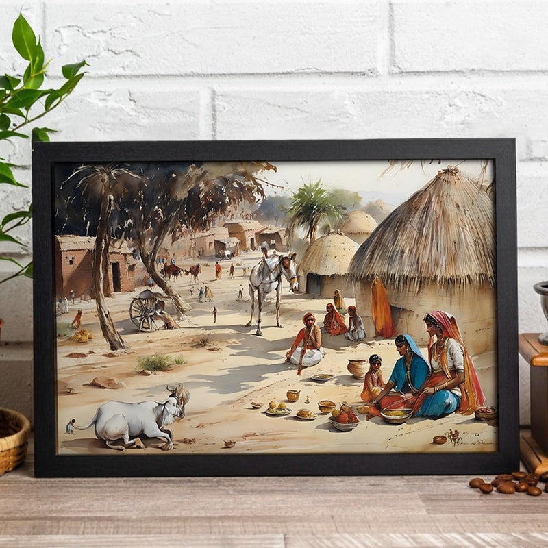 Ritwika's رسم جداري حديث لمشهد قرية ثقافة راجستاني مع إطار مثالي للديكور المنزلي والمكتبي هدية بحجم 195 × 135 بوصة مجموعة من 1 - Image 4