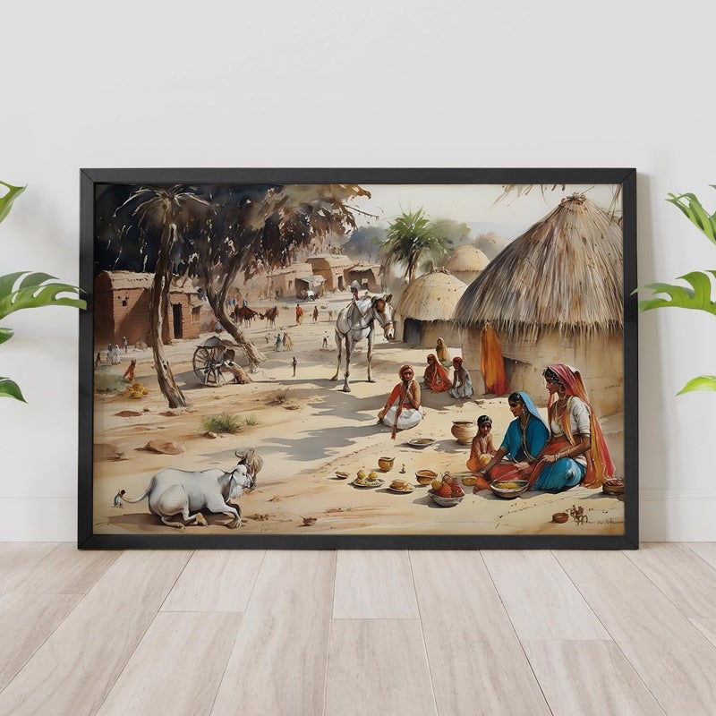 Ritwika's رسم جداري حديث لمشهد قرية ثقافة راجستاني مع إطار مثالي للديكور المنزلي والمكتبي هدية بحجم 195 × 135 بوصة مجموعة من 1 - Image 2