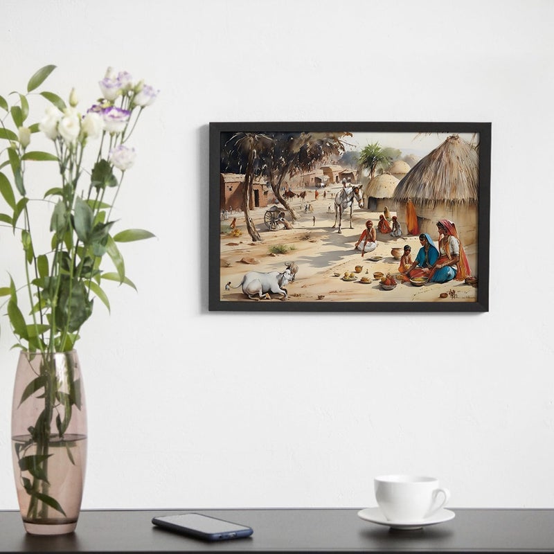 Ritwika's رسم جداري حديث لمشهد قرية ثقافة راجستاني مع إطار مثالي للديكور المنزلي والمكتبي هدية بحجم 195 × 135 بوصة مجموعة من 1 - Image 5