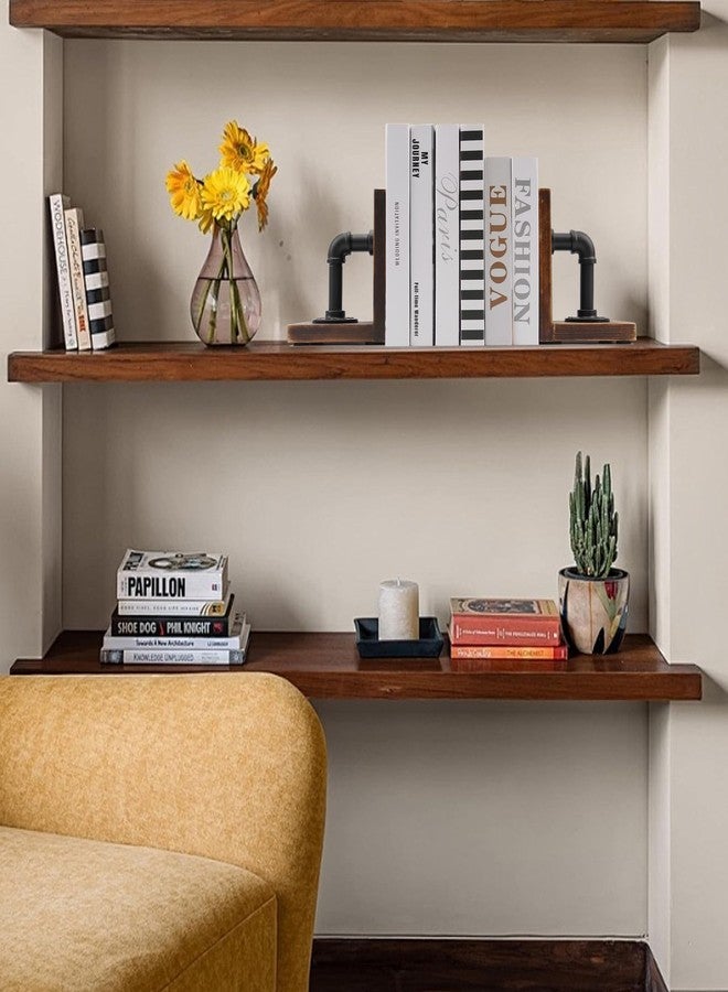 Shonmogar Book Ends,Wood Bookends for Shelves,Industrial Pipe Design Book Ends for Heavy Books,Rustic Style Bookend for Home Office Bookcase Bookshelf Desk Decor, Dark Brown - Image 3