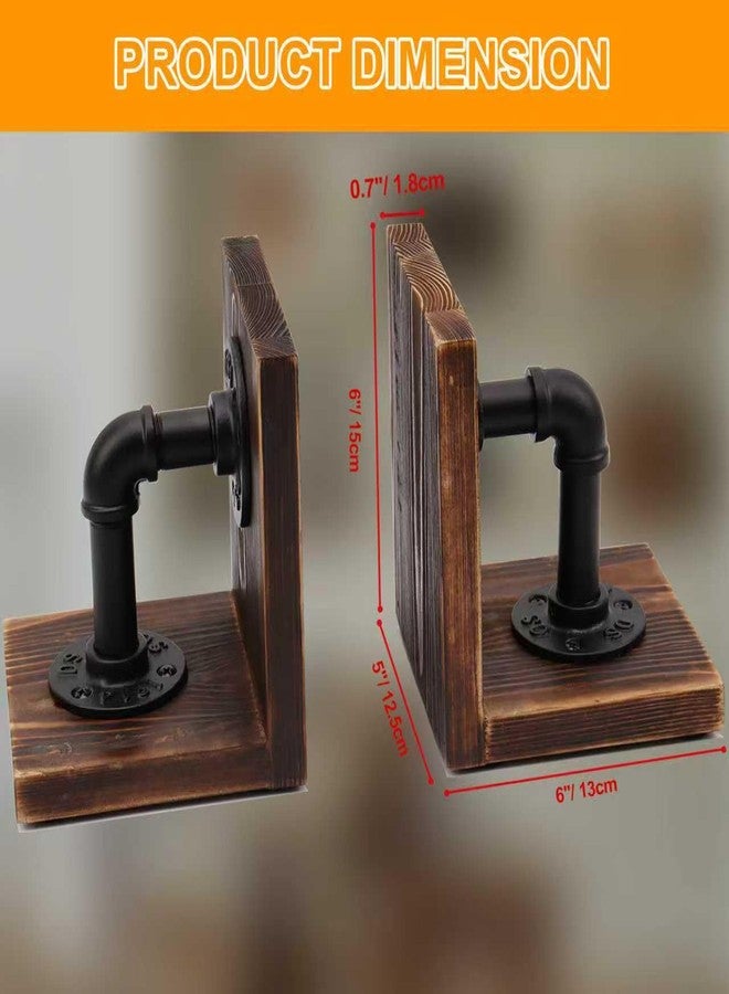 Shonmogar Book Ends,Wood Bookends for Shelves,Industrial Pipe Design Book Ends for Heavy Books,Rustic Style Bookend for Home Office Bookcase Bookshelf Desk Decor, Dark Brown - Image 4