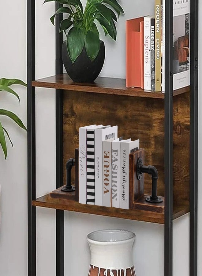 Shonmogar Book Ends,Wood Bookends for Shelves,Industrial Pipe Design Book Ends for Heavy Books,Rustic Style Bookend for Home Office Bookcase Bookshelf Desk Decor, Dark Brown - Image 2