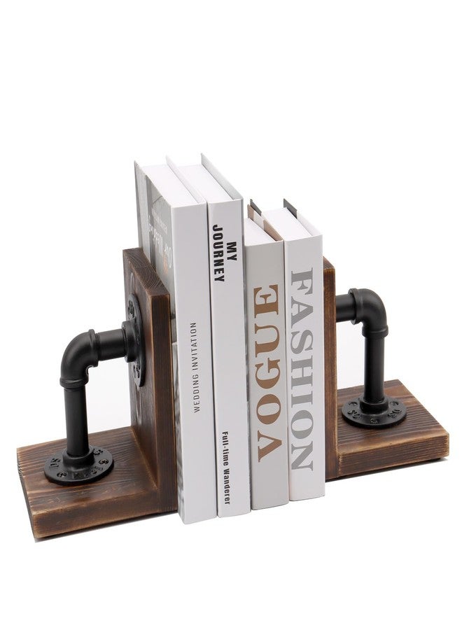 Shonmogar Book Ends,Wood Bookends for Shelves,Industrial Pipe Design Book Ends for Heavy Books,Rustic Style Bookend for Home Office Bookcase Bookshelf Desk Decor, Dark Brown - Image 1