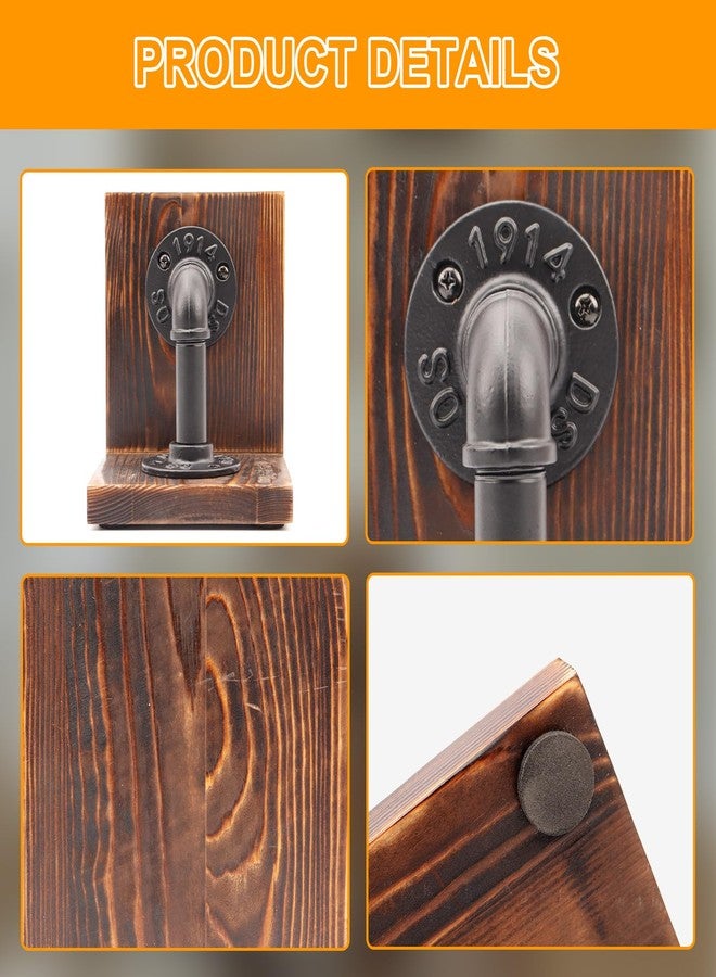 Shonmogar Book Ends,Wood Bookends for Shelves,Industrial Pipe Design Book Ends for Heavy Books,Rustic Style Bookend for Home Office Bookcase Bookshelf Desk Decor, Dark Brown - Image 5