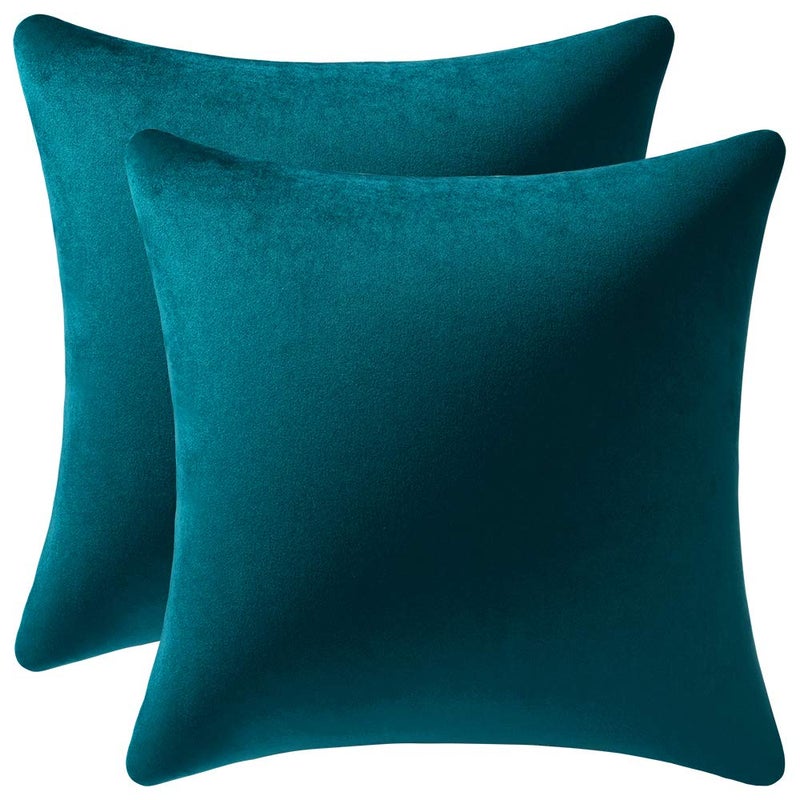 DEZENE 16x16 Throw Pillow Cases Teal 2 Pack Cozy Soft Velvet Square Decorative Pillow Covers for Farmhouse Home Decor