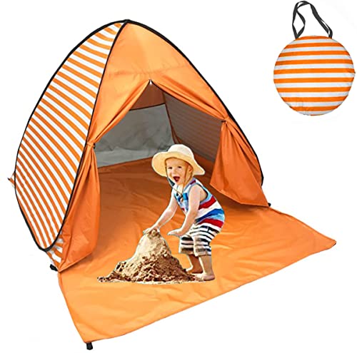 SUMELAY Pop Up Beach Tent Shade Sun Shelter UPF 50+ Canopy Cabana 2-3 Person for Adults Baby Kids Outdoor Activities Camping Fishing Hiking Picnic Touring (Orange Stripes) - Image 1